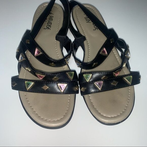 Paradise Bay Sandals Women’s Size 8 US “Bling” Black Jewels Gold Strappy Vegan - Picture 3 of 11